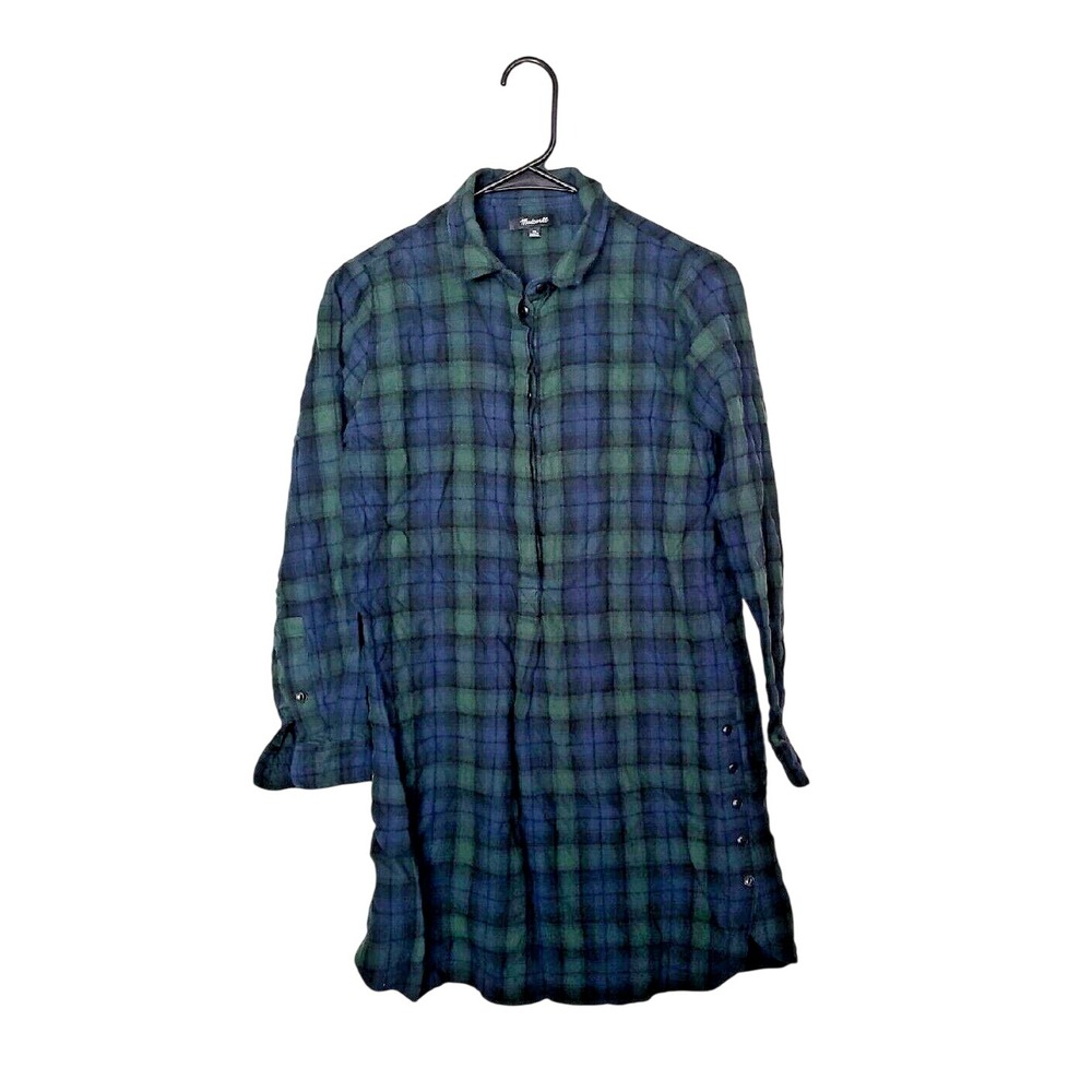 Madewell Green Blue Flannel Side Button Popover Shirt Dress in Dark Plaid Sze XS